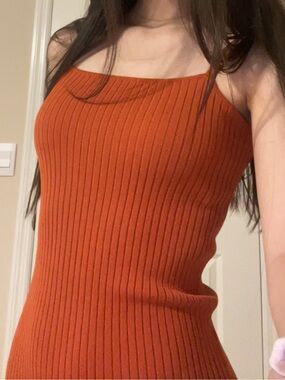 Double Zero Rust Ribbed Midi Spaghetti-Strap Dress